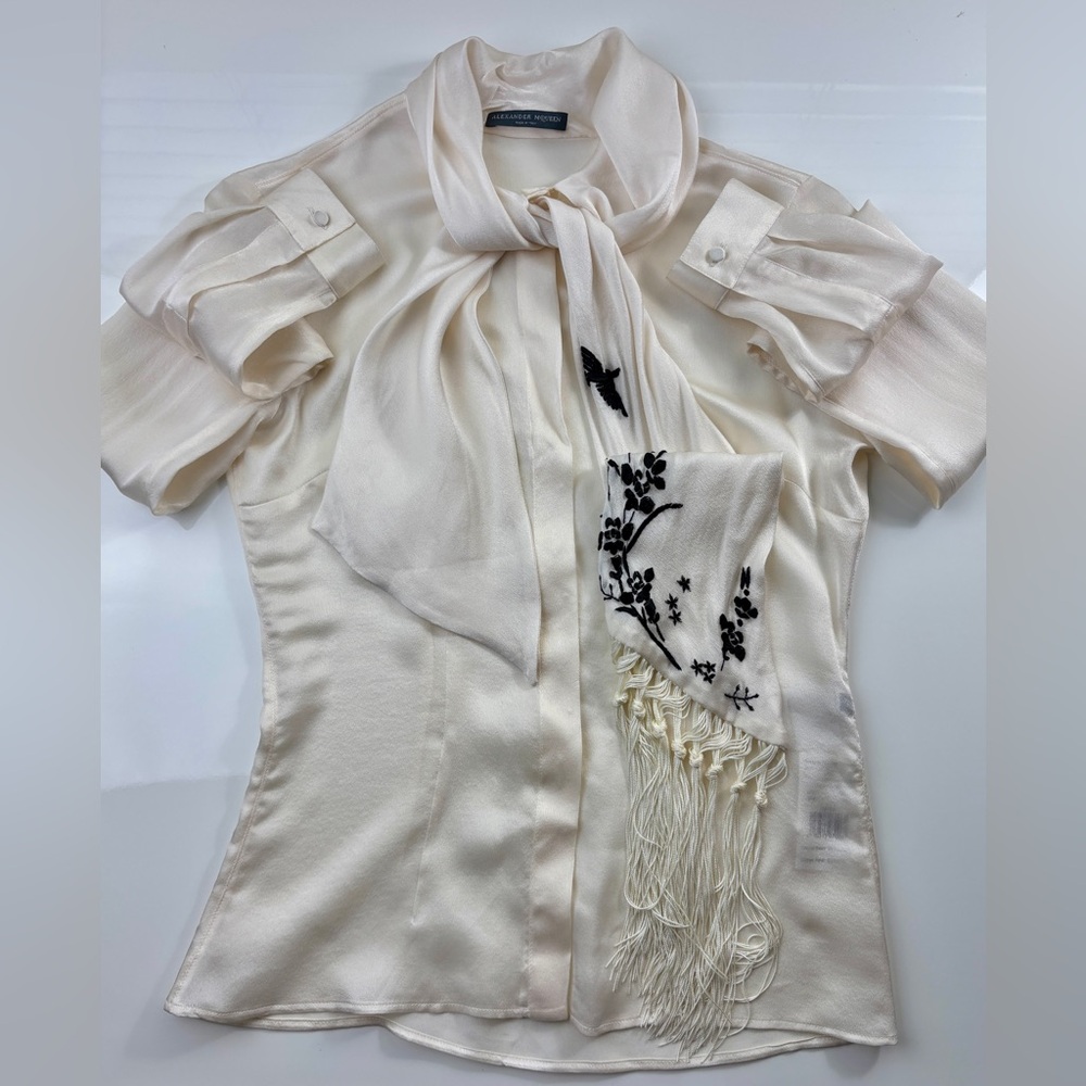 Alexander McQueen Ivory Silk Tie-Neck Button Down Blouse with Black Embroidery - Picture 8 of 15